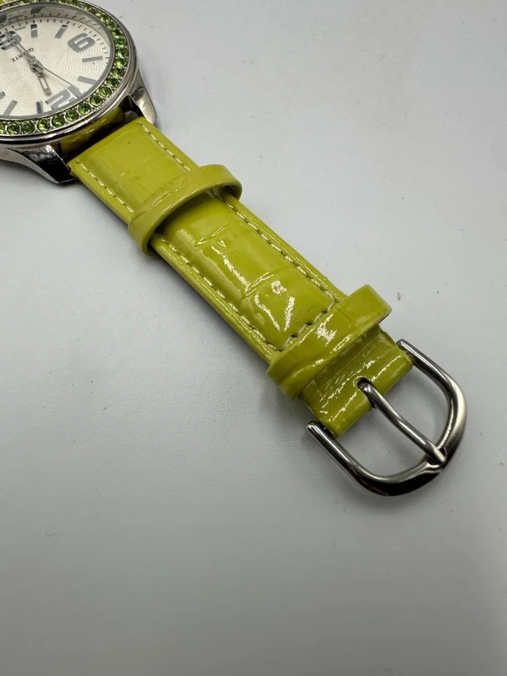 3/$30 Avon Watch Women Silver Tone Green Patent Faux Leather Band New Battery